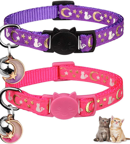 2PCS Breakaway Cat Collars with Bell Moons Stars Cute Kitty Adjustable Safe Kitten Collars with Pendant Glow in the Dark(Purple&Pink)