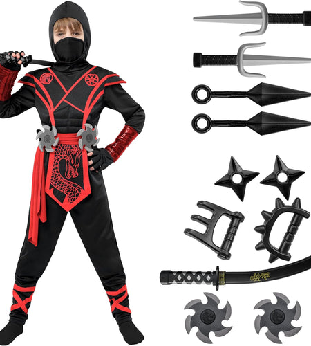Ninja Dragon Red Costume Outfit Set for Kids Halloween Dress up Party