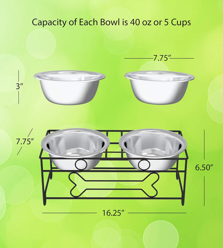 Stainless Steel Raised Food and Water Bowls with Decorative Stand Collection, Elevated Feeding Station for Dogs, Cats, and Pets - 2 Pack