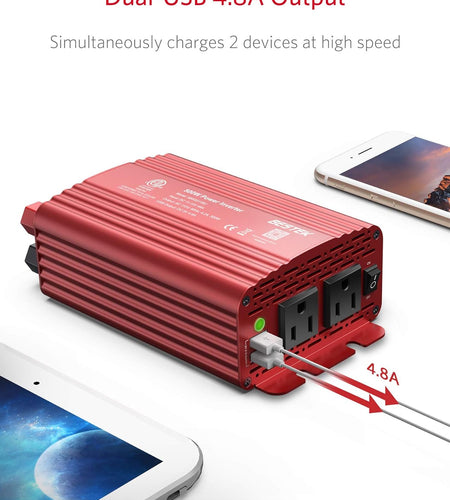 500W Power Inverter DC 12V to 110V AC Converter with Alligator Battery Clamp 4.8A Dual USB Car Charger ETL Listed
